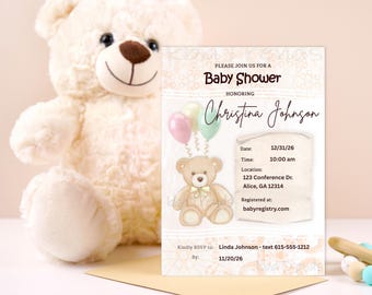 Convite editável para chá de bebê com tema de ursinho de pelúcia | Aquarela neutra (Download digital) | Modelo Canva em aquarela pintado à mão | Neutro
