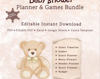 Pacote de Planejamento para Chá de Bebê com Tema de Ursinho de Pelúcia para Imprimir | 3 Jogos para Chá de Bebê, Modelo de Convite no Canva, PDF Preenchível, Planilhas Editáveis em Excel e Google Sheets