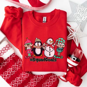 Funny Christmas Squad Goals Sweatshirt, Cute Elf Penguin Snowman Holiday Crewneck, Matching Family Xmas Gift, Red Holiday Sweater