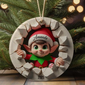 Personalized Elf Christmas Ornament 2025, Cute 3D Look Design, Custom Name Tree Decoration, Kids Christmas Gift, Dual-Sided Ornament