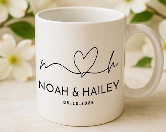 Personalized Couple Mug With Names And Date, Minimal Line Art Heart Coffee Mug, Wedding Anniversary Gift