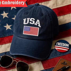 USA Hat American Flag Pigment Dyed Baseball Cap Custom Thread Colors Patriotic Embroidered Hat 4th of July Gift for Men Women USA Flag Hat bild 1