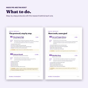 May include: A two-page document titled Inside Pre-Meeting Reset: What to do. It outlines step-by-step protocols including Physiological Sigh, Coherent Breath, Jaw and Tongue Release, and Shoulder Drop, each with specific instructions and research evidence.
