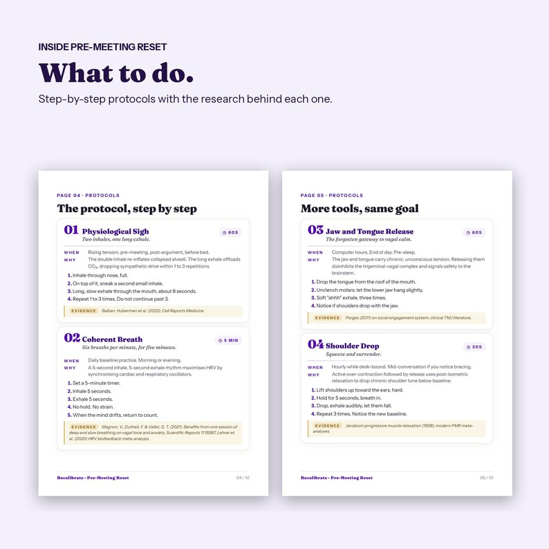 May include: A two-page document titled Inside Pre-Meeting Reset: What to do. It outlines step-by-step protocols including Physiological Sigh, Coherent Breath, Jaw and Tongue Release, and Shoulder Drop, each with specific instructions and research evidence.