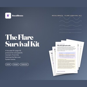 Könnte beinhalten: Dunkelblaue Grafik mit dem Text "The Flare Survival Kit" und dem Branding "Recalibrate". Das Bild enthält einen Stapel gedruckter Seiten und Details über das Kit, einschließlich eines 10-seitigen A5-Protokolls und eines Trackers.