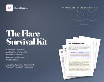 May include: A dark blue graphic featuring the text "The Flare Survival Kit" and "Recalibrate" branding. The image includes a stack of printed pages and details about the kit, including a 10-page A5 protocol and a tracker.