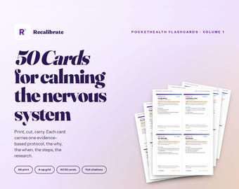 May include: Pockethealth Flashcards, Volume 1, featuring the text "50 Cards for calming the nervous system." The white cards have black text and a purple gradient background. The cards are designed for printing, cutting, and carrying.