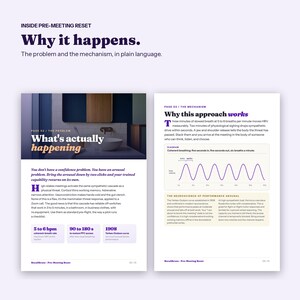 May include: Two pages of a document titled Inside Pre-Meeting Reset. The left page, Page 02, discusses the problem with text and a bathroom image. The right page, Page 03, explains the mechanism with a wave diagram and neuroscience text.