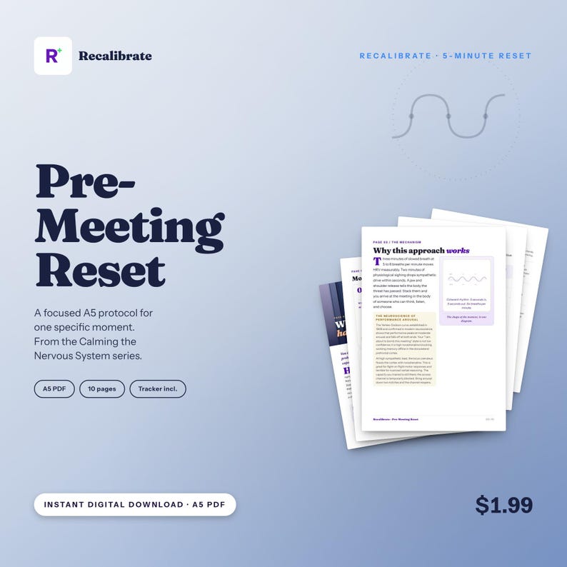 May include: A digital document titled Pre-Meeting Reset from the Calming the Nervous System series. The A5 PDF includes 10 pages and a tracker. The layout features dark blue text on a light blue gradient background with a stack of pages.