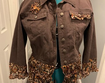 Upcycled Women's Jacket: Size XL, Brown Denim, Ruffle Detail