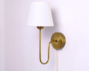 Wall Lamp with Linen Shade, Plug-In Vintage Wall Sconce, Curved Arm Wall Lighting Fixture, Modern Bedside Wall Sconce, Scandinavian Sconce