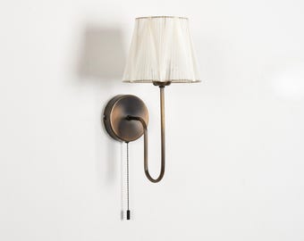 Farmhouse Wall Sconce with Pleated Lampshade, Modern Bedroom Wall Lighting, Mid-Century Home Decor Sconce, Aged Brass Plug-In Wall Lamp