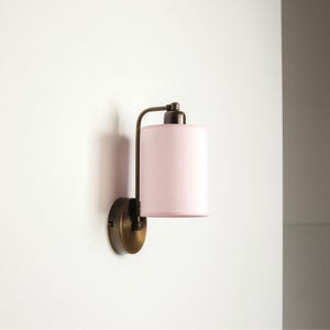 May include: A wall-mounted light fixture with a cylindrical, pale pink shade. The fixture has a dark bronze finish, including the circular base and curved arm. The light is mounted on a white wall.