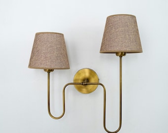 Unique Double Shade Wall Sconce, Asymmetrical Wall Lighting, Vintage Sconce with Linen Lampshade, MidCentury Modern Living Room Lighting