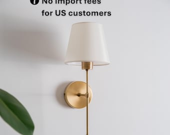 Wall Sconce with Linen Lampshade, Plug-In Elegant Brass Wall Light, Modern Farmhouse Sconce, Minimalist Bedroom Wall Lighting, Vanity Sconce