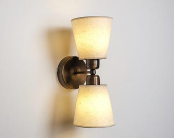 Vintage Bedside Double Shade Sconce, Modern Farmhouse Living Room Wall Light, Elegant Linen Shade Wall Lamp, Minimalist Plug-In Sconce
