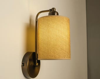 Mid-Century Modern Bedside Sconce, Aged Brass Wall Lamp with Linen Shade, Contemporary Hallway Sconces, Plug-In Farmhouse Wall Lighting