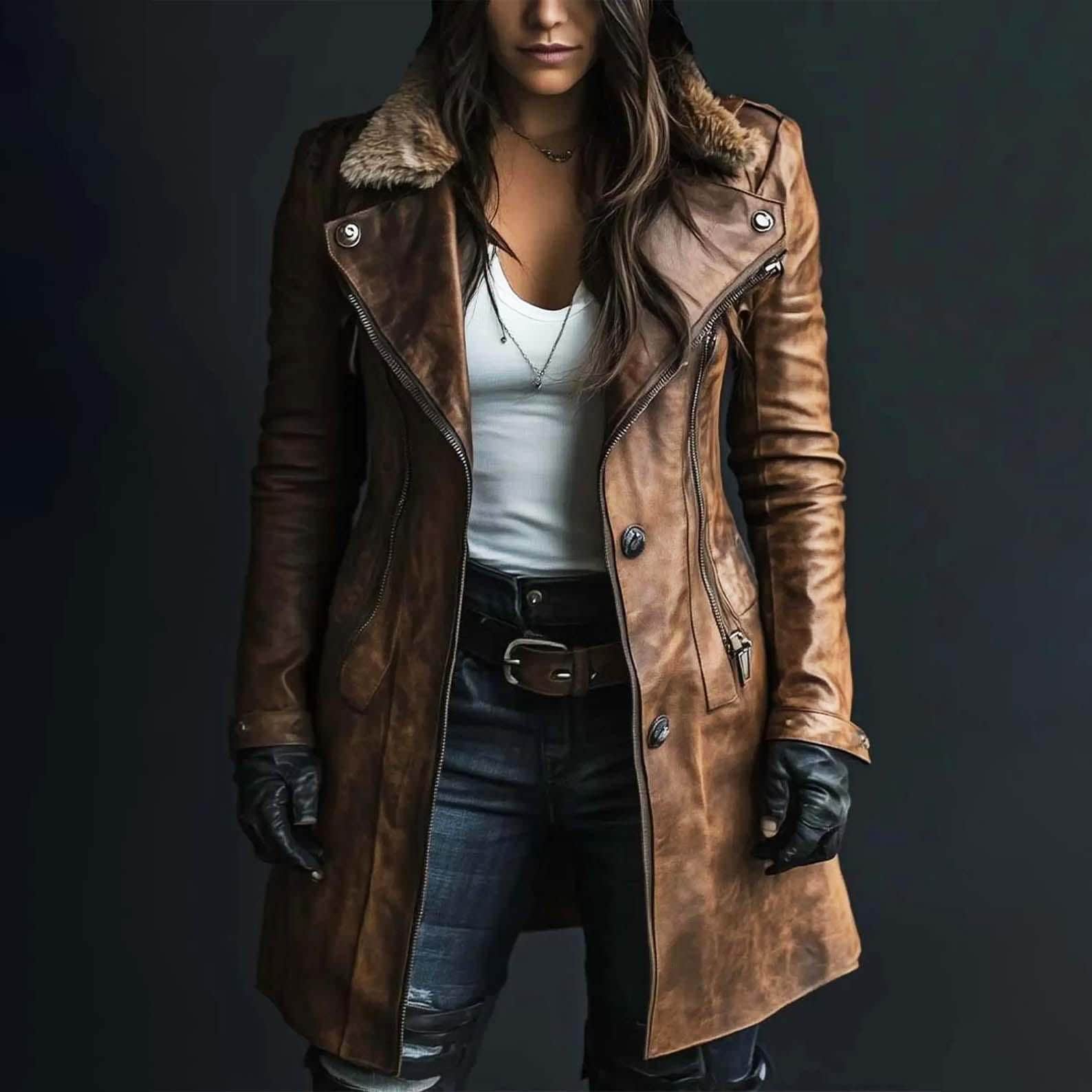 Manteau Long En Cuir D'agneau Marron Foncé Avec Fourrure - Taille 48 Occasion