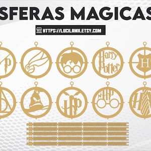 May include: Gold-coloured circular cutouts featuring various Harry Potter-themed designs, including the lightning bolt, glasses, and the Hogwarts crest. The text "ESFERAS MAGICAS" and a website address are at the top. The image also includes file format options.