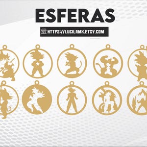 Könnte beinhalten: Goldfarbene kreisförmige Ausschnitte mit verschiedenen Dragon Ball Z-Charakterdesigns. Das Wort "ESFERAS" steht oben, darunter eine Website-Adresse. Eine rote Tafel rechts listet Dateiformate auf: SVG, EPS, CDR, AI und PDF.