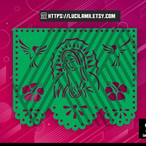 Puede incluir: Bandera de papel picado verde con un diseño recortado que presenta una figura religiosa, colibríes y flores de hibisco. La bandera tiene un borde inferior festoneado. La imagen también incluye una lista de formatos de archivo: SVG, EPS, CDR, AI y PDF.