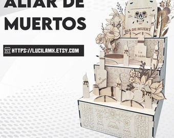Puede incluir: Un altar de madera del Día de Muertos con múltiples niveles, con diseños recortados de velas, botellas, flores y una calavera. Los textos "ALTAR DE MUERTOS" y "DIA DE MUERT" son visibles. Incluye formatos de archivo: SVG, EPS, CDR, AI y PDF.
