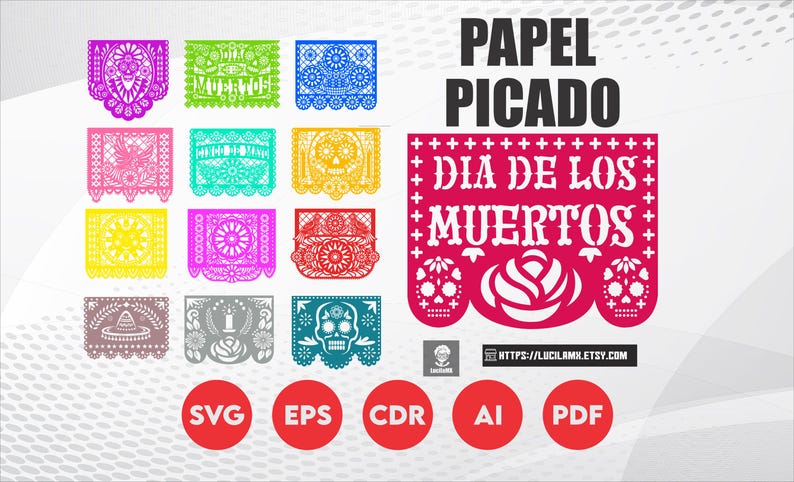 160 Mexican Day of the Dead Papel Picado Designs Bundle / Laser Cutting Vectors (cdr, svg, pdf, ai)