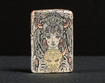 Tybetańska zapalniczka Zippo z grafiką – grawerowana maska bogini, mitologiczny azjatycki wzór, spersonalizowana duchowa zapalniczka Zippo, wyjątkowy, ręcznie robiony prezent kolekcjonerski