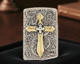 Briquet Zippo Tribal Cross personnalisé - volutes gothiques sculptées, design vintage gravé en métal, cadeau de collectionneur unique
