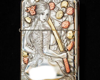 Japońska zapalniczka Zippo – seksowny wzór z tatuażem i samurajem | Miedziana inkrustacja z grawerowaną dziewczyną z anime, wyjątkowy artystyczny prezent