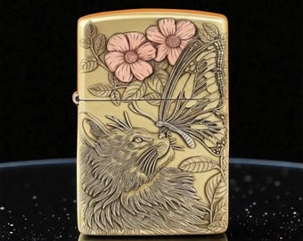 Zapalniczka Zippo Custom 3D z rzeźbionym kotem i motylem – głęboko wypukła miedziana intarsja, wzór natury, ręcznie robiony prezent kolekcjonerski dla niego lub dla niej