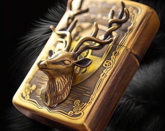 Briquet tête de cerf en bronze vintage - Style Zippo 3D, cadeau de collection coupe-vent rechargeable pour homme, art de la chasse et de la faune