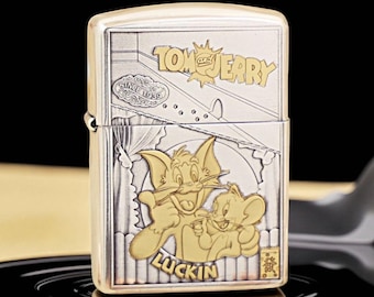 Tom & Jerry Zippo Lighter – Silver Plated with Gold Accents | Two-Tone Cartoon Zippo, Nostalgia Collectible Gift for Him or Her