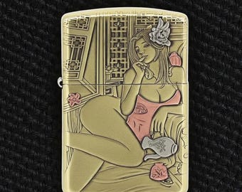 Briquet Zippo personnalisé fille sexy - Design profondément sculpté avec incrustation de cuivre, style artistique bicolore, cadeau de collectionneur adulte unique pour lui