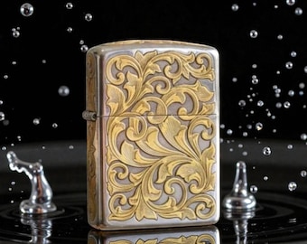 Encendedor Zippo de plata de ley con pergamino florentino: diseño barroco tallado a mano con incrustaciones de oro de 24 quilates. Regalo de lujo para coleccionistas.