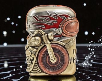 Zapalniczka Zippo dla motocyklisty – trójwymiarowa, pełna intarsja z mosiądzu i miedzi, ręcznie malowany wzór płomienia, spersonalizowany prezent w stylu steampunk dla niego