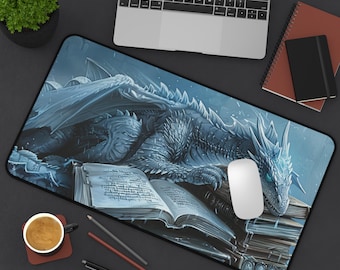 Ice Dragon on Books Desk Mat | Fantasy Winter Dragon Workspace Pad