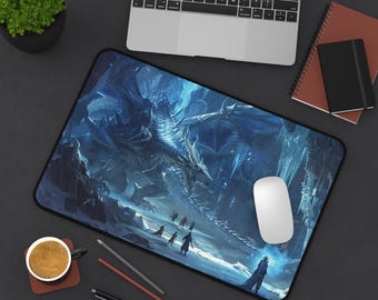 Ice Dragon Cave scene Desk Mat | Fantasy landscape mouse pad