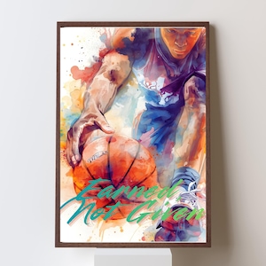 以下が含まれることがあります： バスケットボール選手がドリブルをしている水彩画風プリント。鮮やかな色使いで、ターコイズ色の「Earned Not Given」の文字が特徴です。アートワークは、濃い茶色の木製フレームに額装されています。