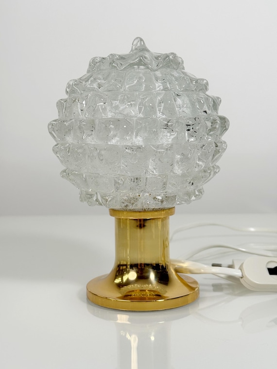 Vintage Ice Glass Table Lamp | Mid Century Modern Gold Base, 1970s