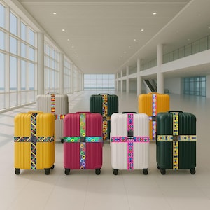 May include: Seven colourful rolling suitcases in an airport. The luggage is in various colours, including yellow, white, dark green, and magenta. Each suitcase has a decorative strap with a unique pattern. The luggage is designed for travel.