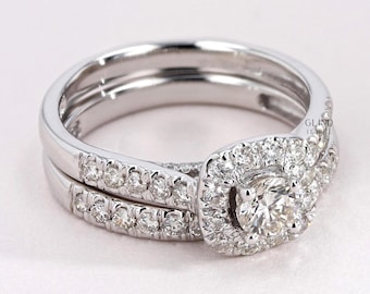 Moissanite Bridal Wedding Ring Set, Halo Engagement Moissanite Ring Set for Bridal, 1.3 Ct Round Cut Moissanite, Solitaire Bridal Ring