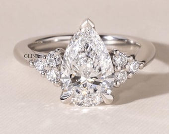 Solitaire with Accents Engagement Ring, Moissanite Anniversary Ring, 1.6Ct Pear Cut Moissanite, 14K Yellow Gold Plated, Gift for Her