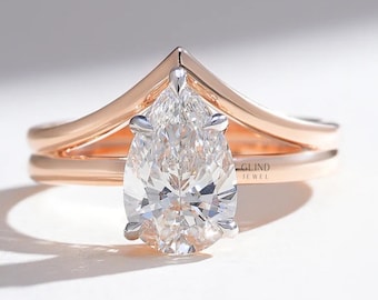 Wedding Moissanite Ring, Chevron Engagement Ring, 1.8 Ct Pear Cut Moissanite, 14K Rose Gold Plated, Two Tone Anniversary Ring, As Per Image