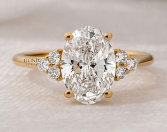 Oval Cut Anniversary Side Stone Diamond Ring for Her, 1.9 Ct Oval Cut Moissanite, Moissanite Wedding Ring for Her, Women's Silver Jewelry
