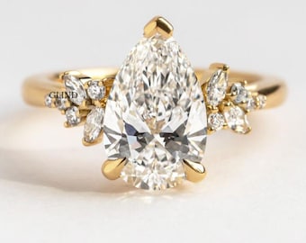 Moissanite Wedding Ring for Her, 1.9Ct Pear Cut Moissanite Ring, Side Stone Diamond Engagement Ring, Anniversary Ring, 14K YellowGold Plated