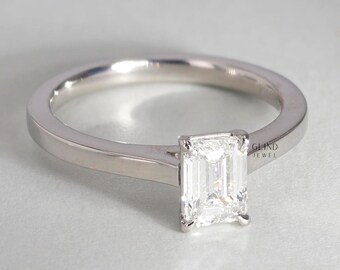 Solitaire Engagement Ring for Bride, 1.4 Ct Emerald Cut Moissanite Simple Ring, Moissanite Wedding Ring, 14K White Gold Plated, Wedding Gift