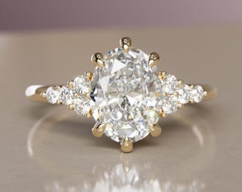 Oval Cut Anniversary Side Stone Diamond Ring for Her, 1.7 Ct Oval Cut Moissanite, Moissanite Wedding Ring for Her, Women's Silver Jewelry