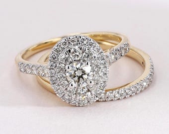 Double Halo Moissanite Ring Set with Half Eternity Band, Two Tone Engagement Ring Set, 1.2Ct Round Cut Moissanite Ring Set, As Per Image