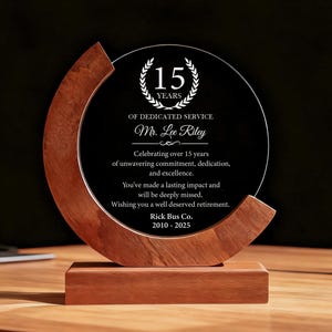 15 Years of Dedicated Service Award, Personalized Employee Crystal Awards, Retirement, Plaque, Crystal Award, 7&quot;/9&quot;Appreciation Plaques